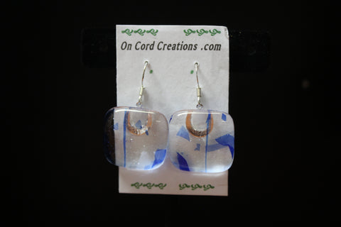 fused glass dangle earrings clear with blue