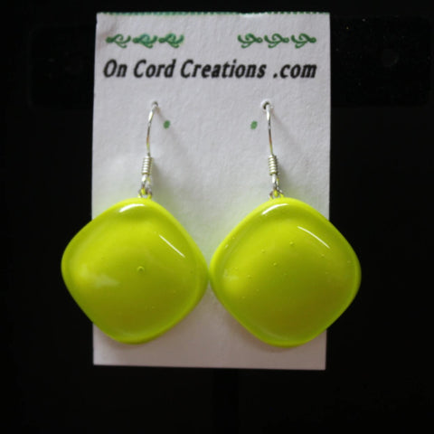 fused glass dangle earrings yellow green diamond shaped