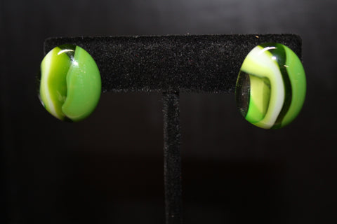 fused glass post earrings green white and clear