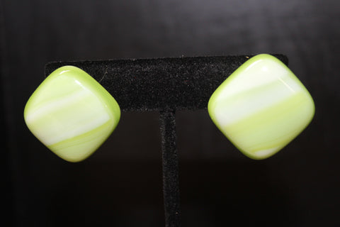 fused glass post earrings light green and white