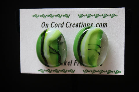 fused glass post earrings green, white, clear, and black