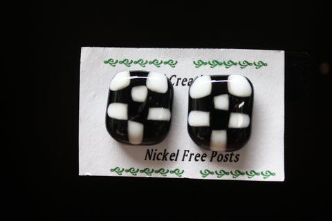 fused glass post earrings black and white checkered