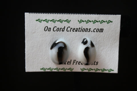 fused glass post earrings white and black ovals